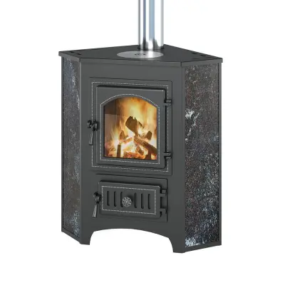 Фото Печь-Камин ВЕЗУВИЙ ПК-01 (220) угловой, амфиболит с конфоркой 9 кВт (150 м3) Ø 115мм в магазине Woodson